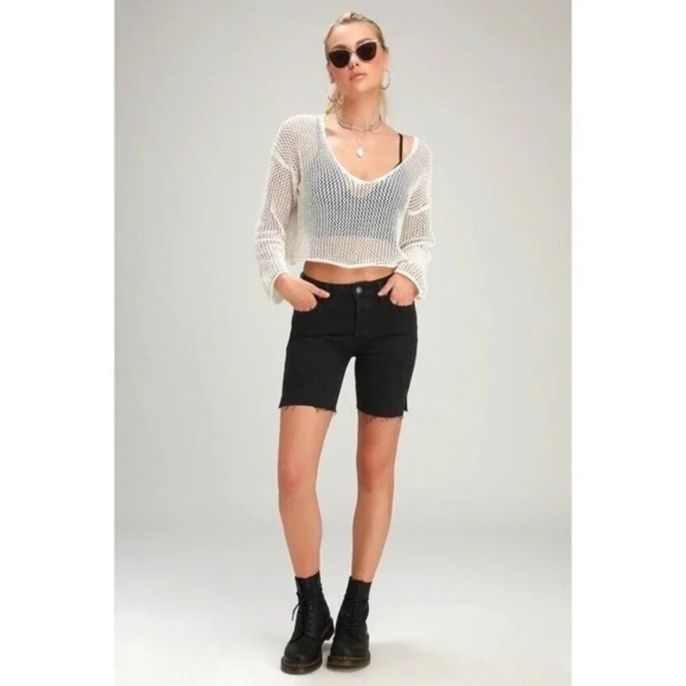 Free People Avery Denim Bermuda Frayed Hem Shorts Ash Black SZ 24 New